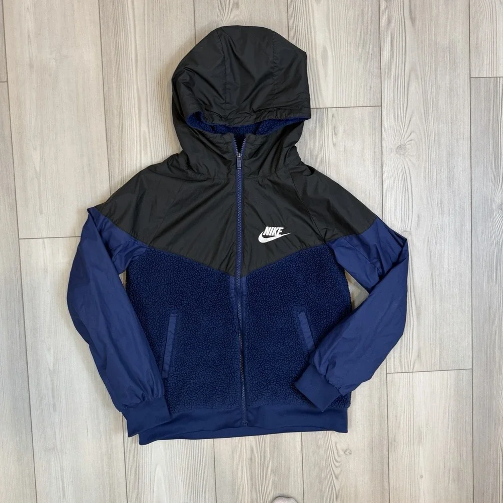 Nike Jacket Youth Large Navy Black Fleece Full Zip Windrunner Pockets AA0069‎